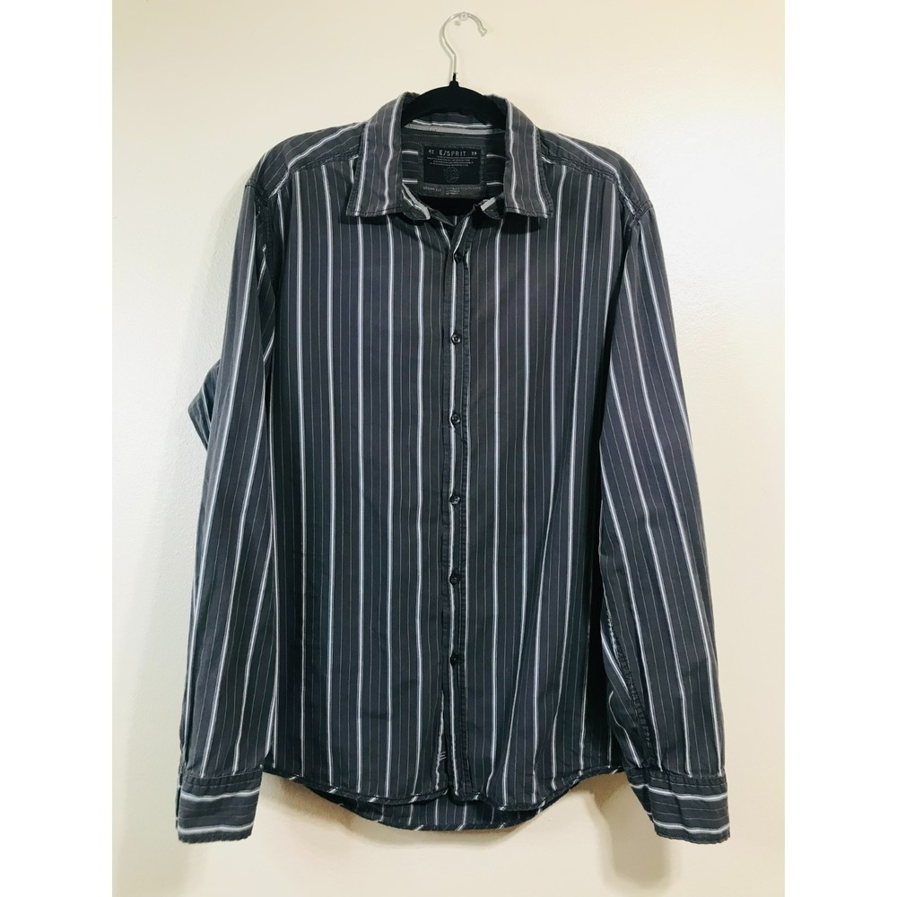 Esprit Urban Fit Men Charcoal Grey w/ White Pinstripe Button Down Shirt, Size XL